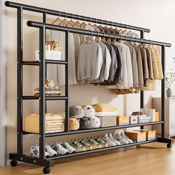 Višenamenski Metalni Stalak za Odeću – Sa Policama i Točkićima